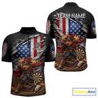 Cowboy Deer Funny Darts Polo 1/4-Zip Shirt Custom US Flag Patriotic Darts Team Name Jersey