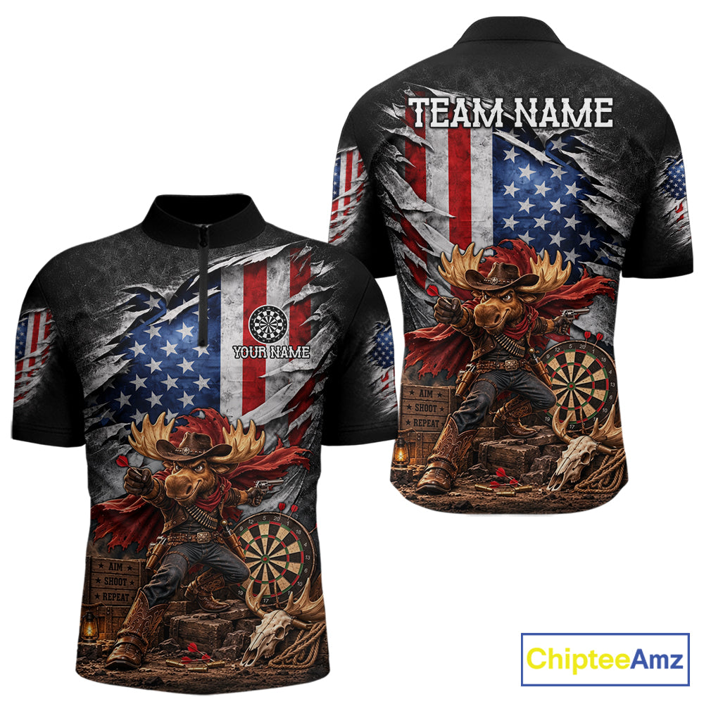 Cowboy Deer Funny Darts Polo 1/4-Zip Shirt Custom US Flag Patriotic Darts Team Name Jersey