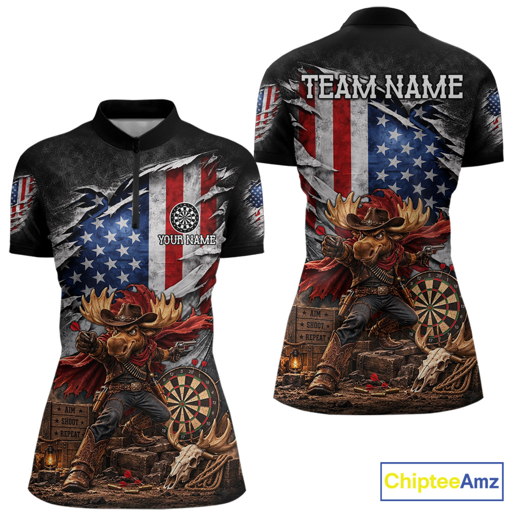 Cowboy Deer Funny Darts Polo 1/4-Zip Shirt Custom US Flag Patriotic Darts Team Name Jersey