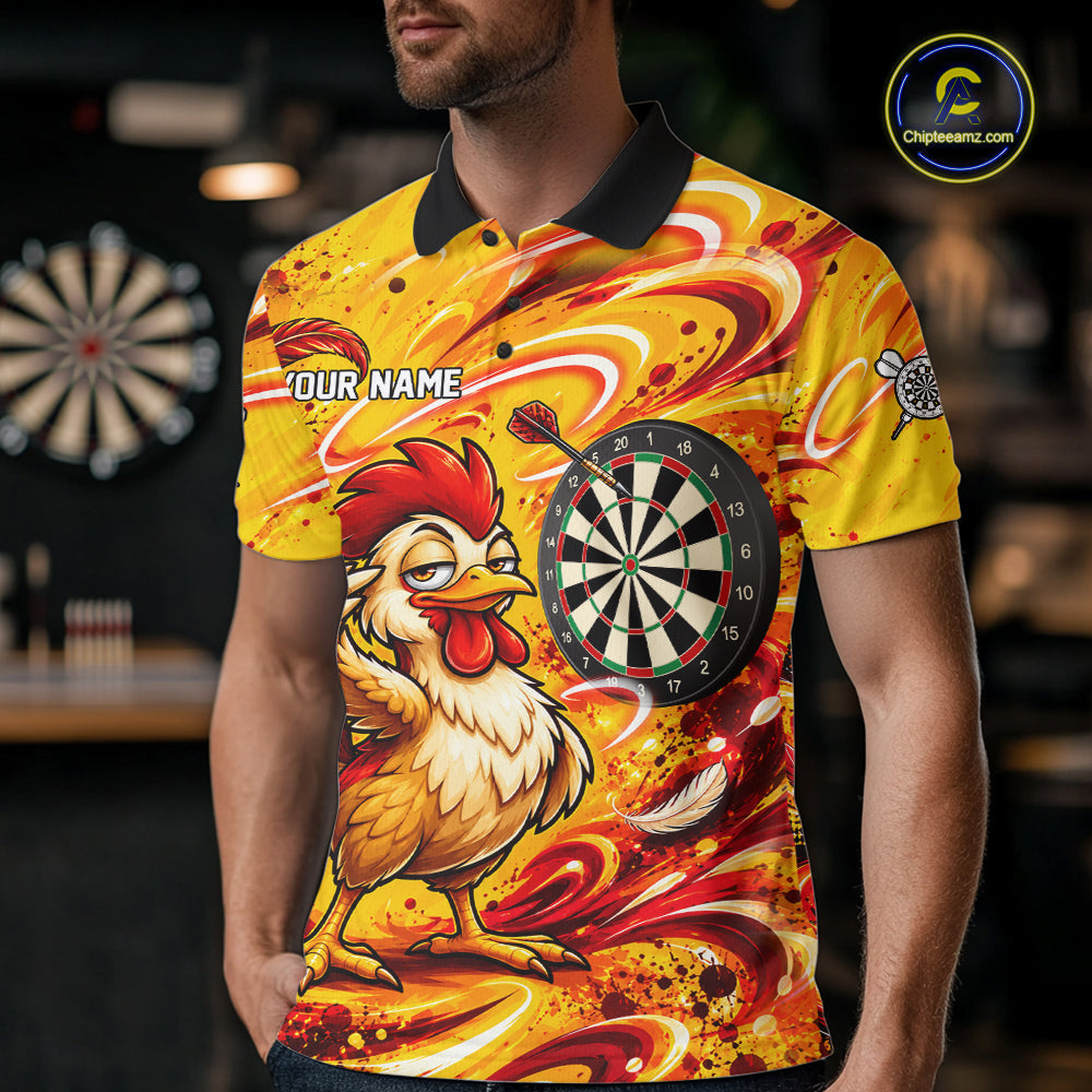 Yellow Red Splatter Funny Darts Polo 1/4-Zip Shirt Rooster Darts Team Tournament Shirt