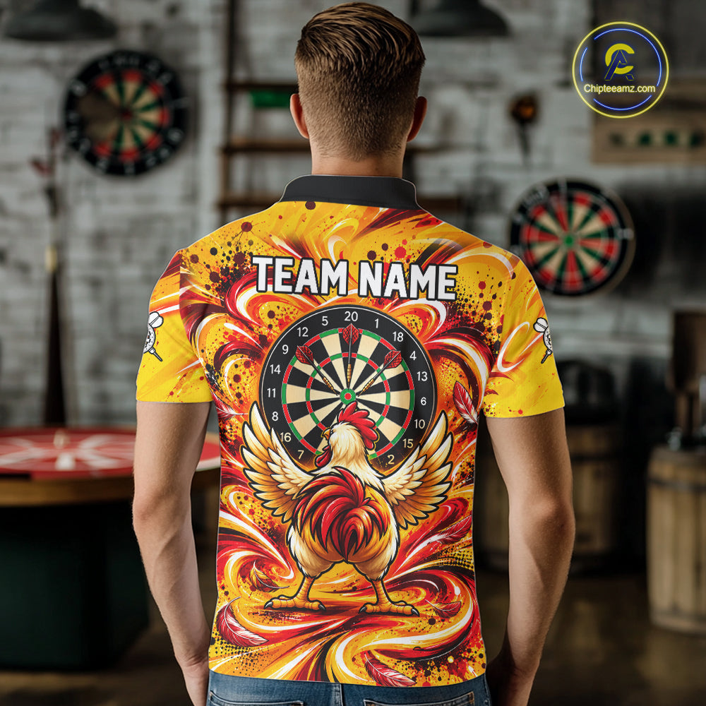 Yellow Red Splatter Funny Darts Polo 1/4-Zip Shirt Rooster Darts Team Tournament Shirt