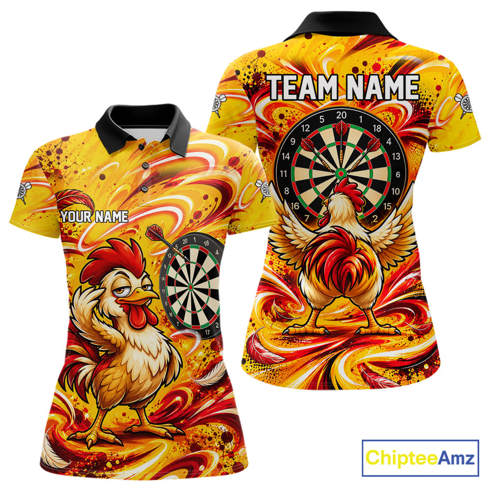 Yellow Red Splatter Funny Darts Polo 1/4-Zip Shirt Rooster Darts Team Tournament Shirt