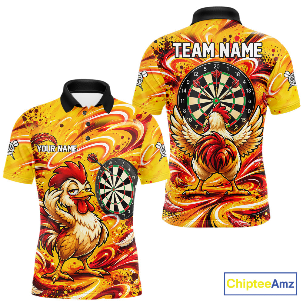 Yellow Red Splatter Funny Darts Polo 1/4-Zip Shirt Rooster Darts Team Tournament Shirt