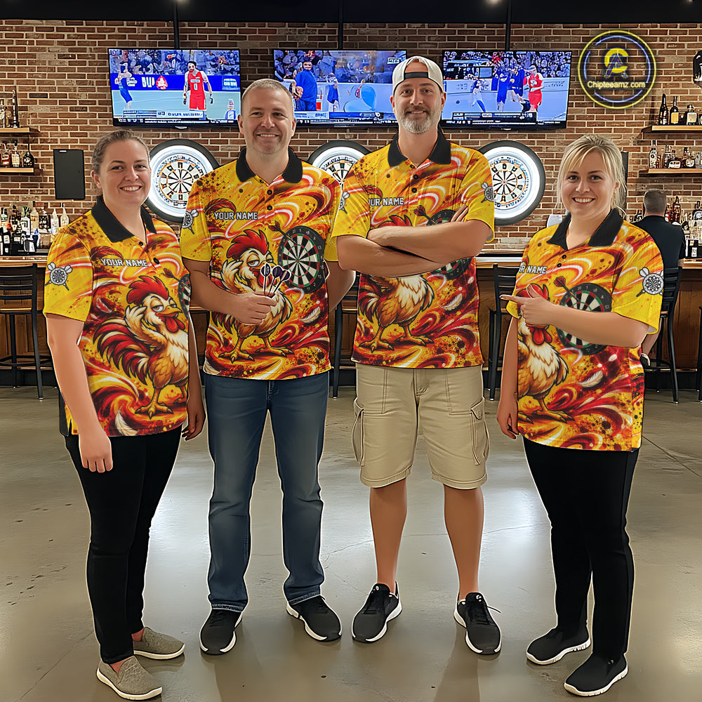 Yellow Red Splatter Funny Darts Polo 1/4-Zip Shirt Rooster Darts Team Tournament Shirt