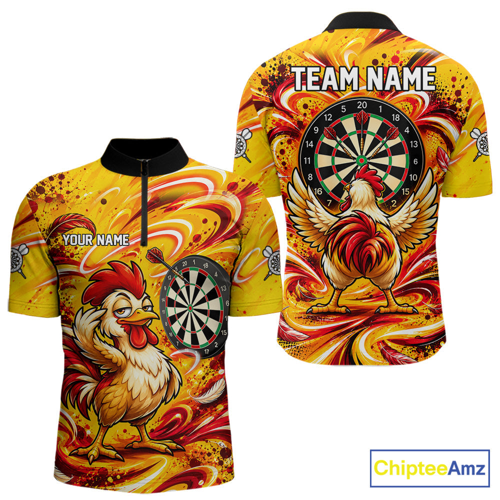 Yellow Red Splatter Funny Darts Polo 1/4-Zip Shirt Rooster Darts Team Tournament Shirt
