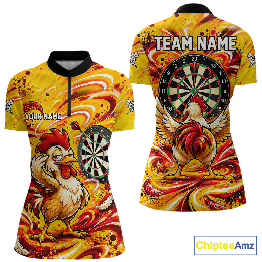 Yellow Red Splatter Funny Darts Polo 1/4-Zip Shirt Rooster Darts Team Tournament Shirt