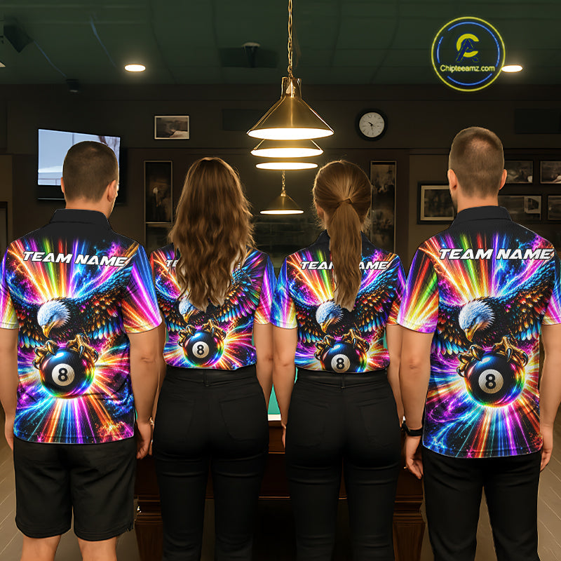 Personalized Eagle 8-Ball Pool Billiard Shirt Neon Rainbow Eagle Billiard Team Uniform Jersey