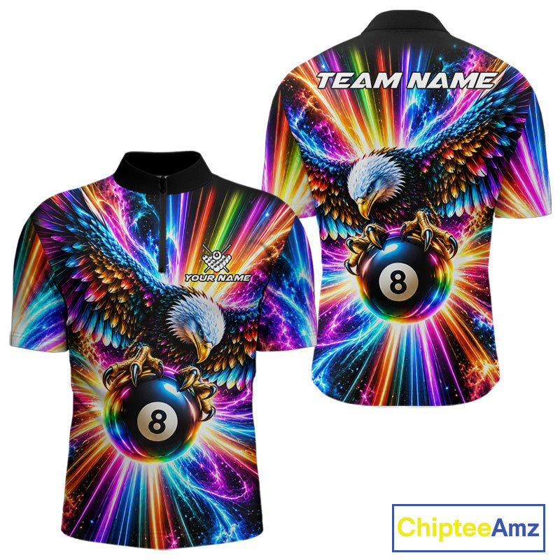 Personalized Eagle 8-Ball Pool Billiard Shirt Neon Rainbow Eagle Billiard Team Uniform Jersey