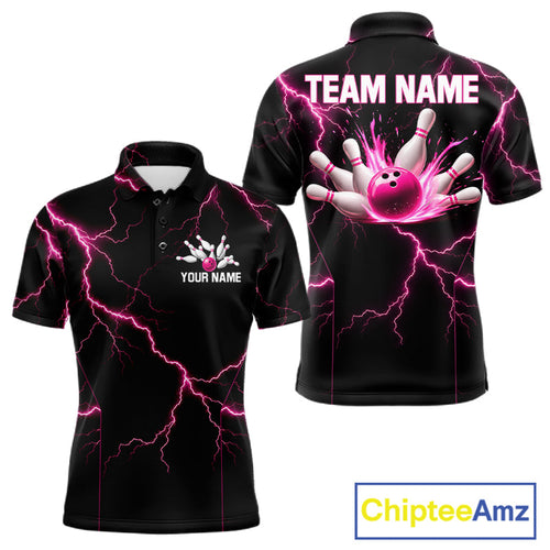 Thunder Lightning Bowling Shirt Custom Pink Splatter Bowling Ball & Pins Team Shirts