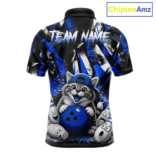 Funny Cat Blue & White Grunge Bowling Jersey Custom Bowling Tournament Bowling Team Shirts