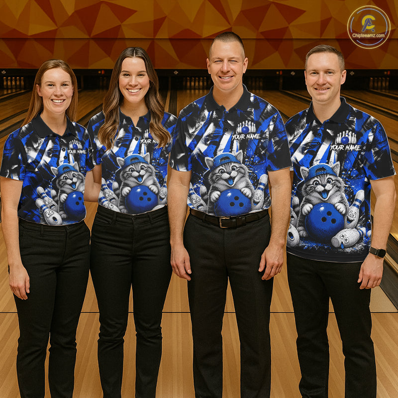 Funny Cat Blue & White Grunge Bowling Jersey Custom Bowling Tournament Bowling Team Shirts