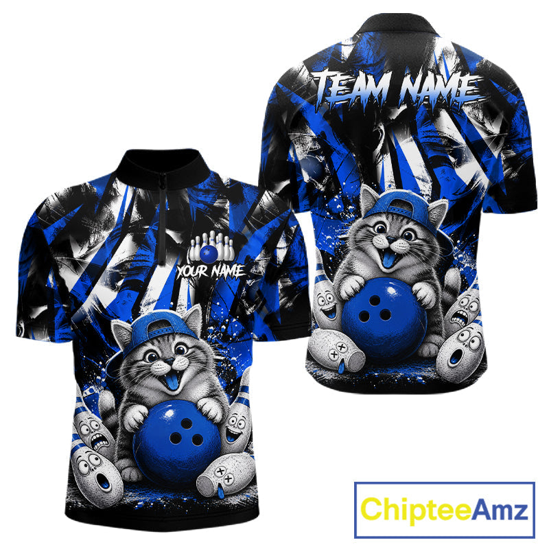 Funny Cat Blue & White Grunge Bowling Jersey Custom Bowling Tournament Bowling Team Shirts