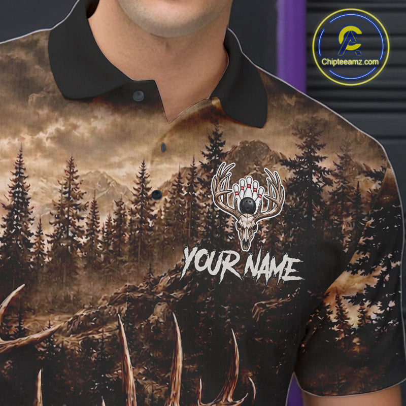 Funny Deer Bowling Shirts Custom Grunge Forest Polo & 1/4 Zip Bowling Team Jersey