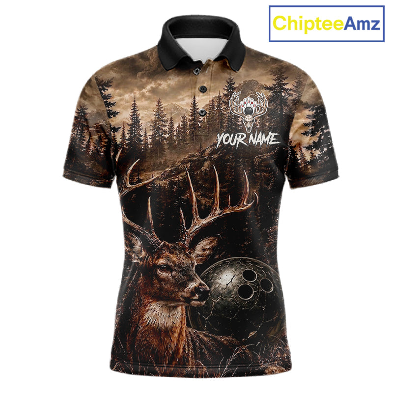 Funny Deer Bowling Shirts Custom Grunge Forest Polo & 1/4 Zip Bowling Team Jersey