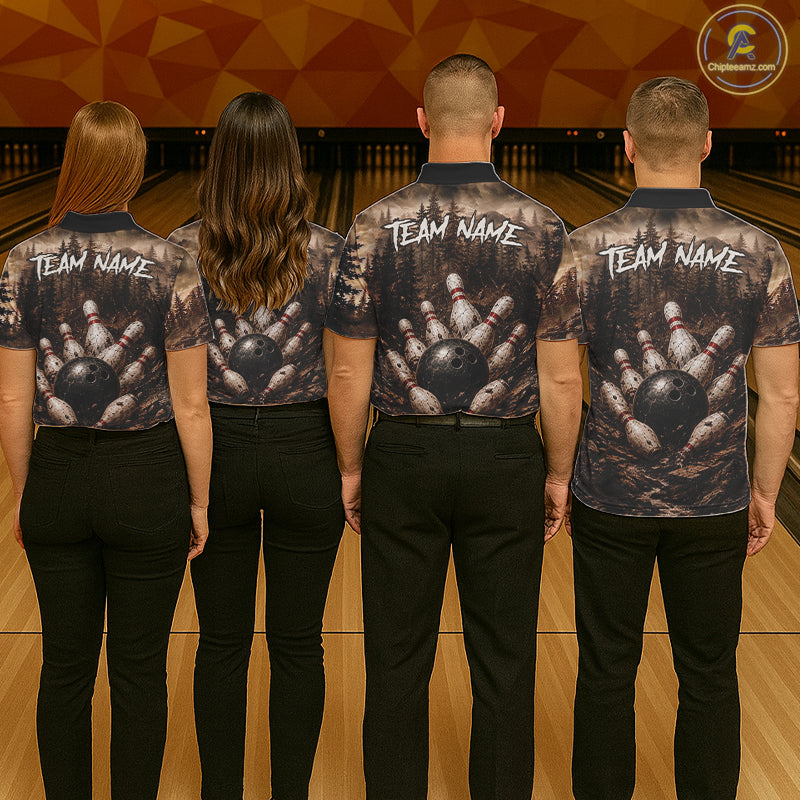 Funny Deer Bowling Shirts Custom Grunge Forest Polo & 1/4 Zip Bowling Team Jersey