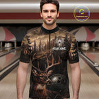 Funny Deer Bowling Shirts Custom Grunge Forest Polo & 1/4 Zip Bowling Team Jersey