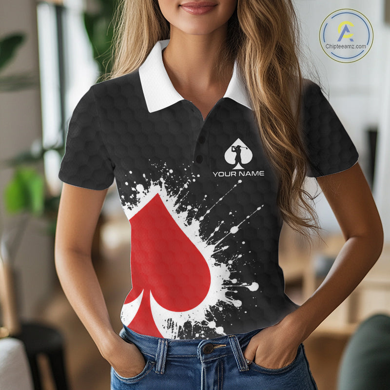 Red Spades Poker Golf Polo Shirt Custom Name Splatter Poker Golf Top For Team, Golf Gift