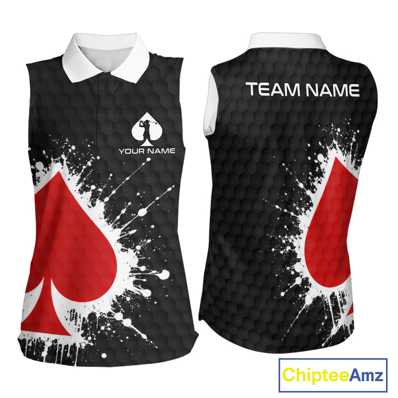 Red Spades Poker Golf Sleeveless Polo Shirt Custom Name Splatter Poker Golf Top For Team, Golf Gift