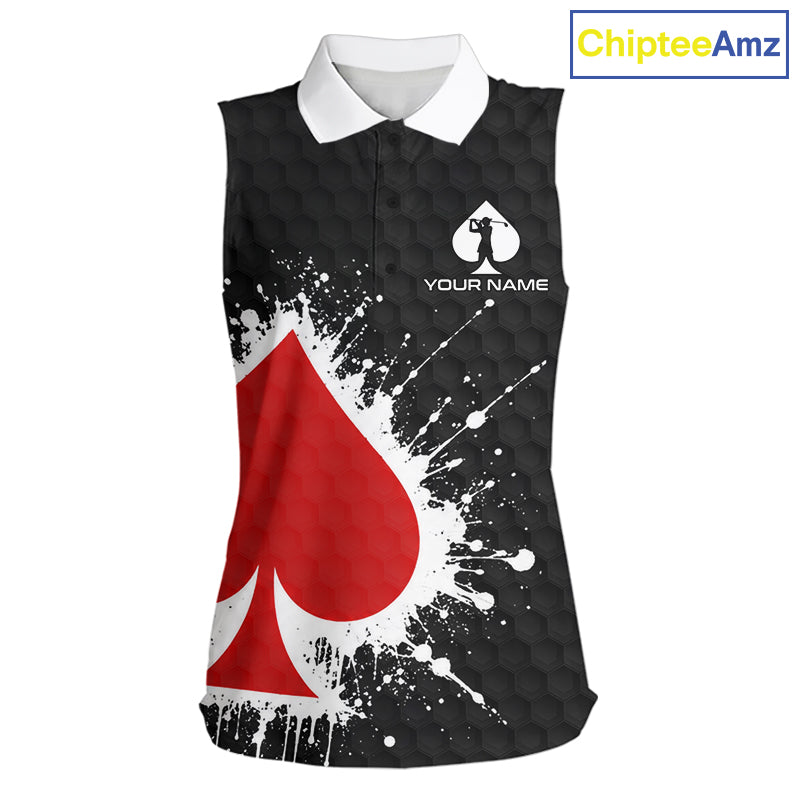 Red Spades Poker Golf Sleeveless Polo Shirt Custom Name Splatter Poker Golf Top For Team, Golf Gift