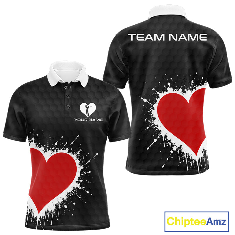 Red Hearts Poker Golf Polo Shirt Custom Name Splatter Poker Golf Top For Team, Golf Gift