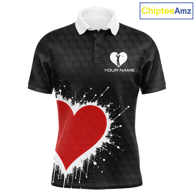 Red Hearts Poker Golf Polo Shirt Custom Name Splatter Poker Golf Top For Team, Golf Gift