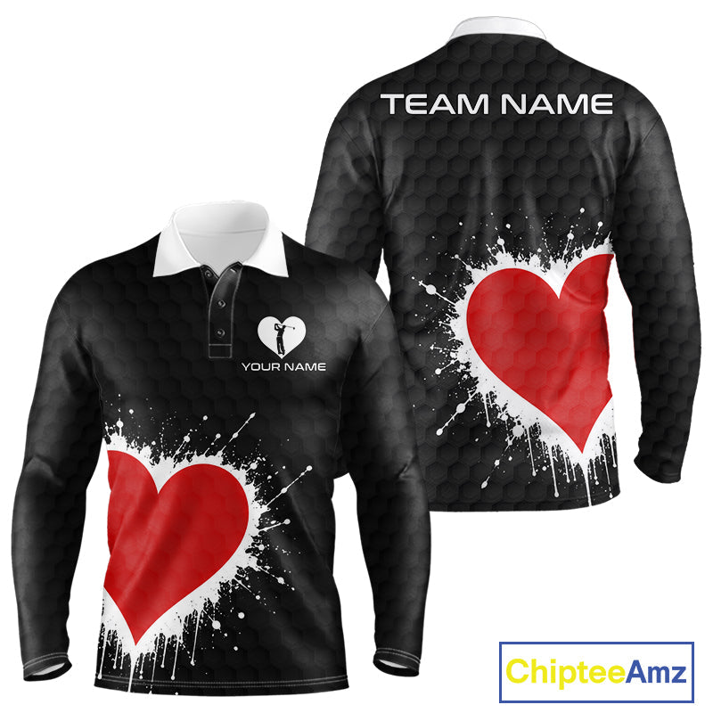 Red Hearts Poker Golf Polo Shirt Custom Name Splatter Poker Golf Top For Team, Golf Gift