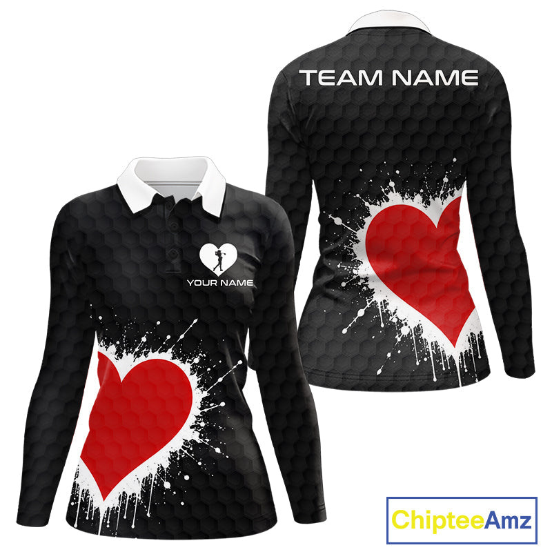 Red Hearts Poker Golf Polo Shirt Custom Name Splatter Poker Golf Top For Team, Golf Gift