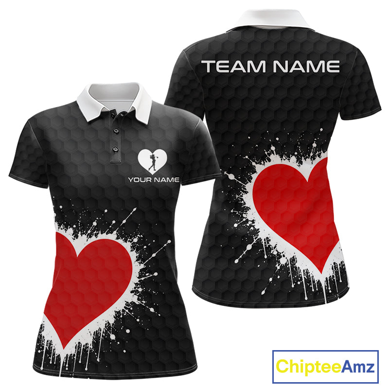 Red Hearts Poker Golf Polo Shirt Custom Name Splatter Poker Golf Top For Team, Golf Gift