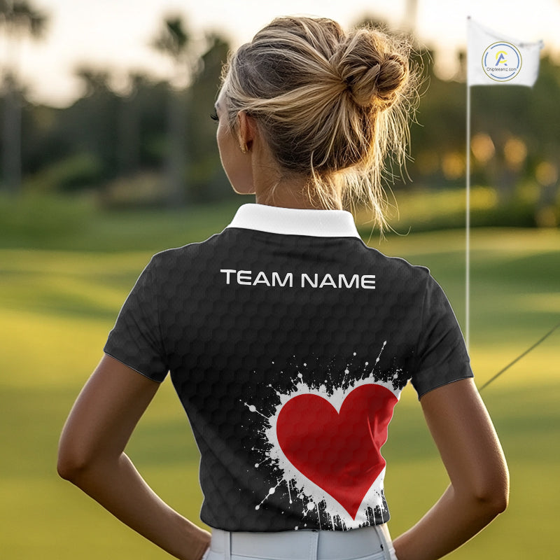 Red Hearts Poker Golf Polo Shirt Custom Name Splatter Poker Golf Top For Team, Golf Gift