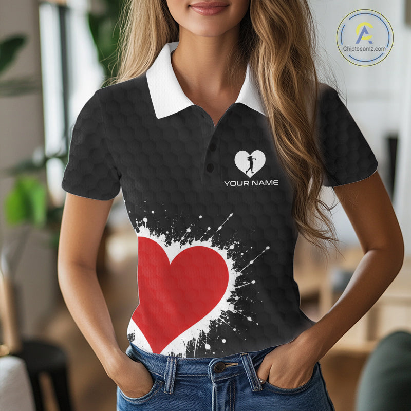 Red Hearts Poker Golf Polo Shirt Custom Name Splatter Poker Golf Top For Team, Golf Gift