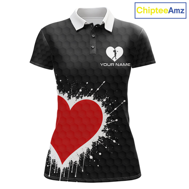 Red Hearts Poker Golf Polo Shirt Custom Name Splatter Poker Golf Top For Team, Golf Gift