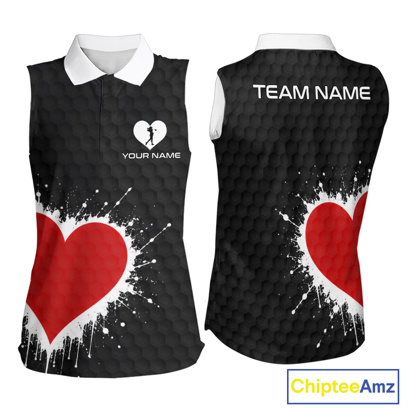 Red Hearts Poker Golf Sleeveless Polo Shirt Custom Name Splatter Poker Golf Top For Team, Golf Gift