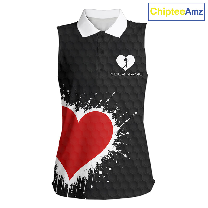 Red Hearts Poker Golf Sleeveless Polo Shirt Custom Name Splatter Poker Golf Top For Team, Golf Gift