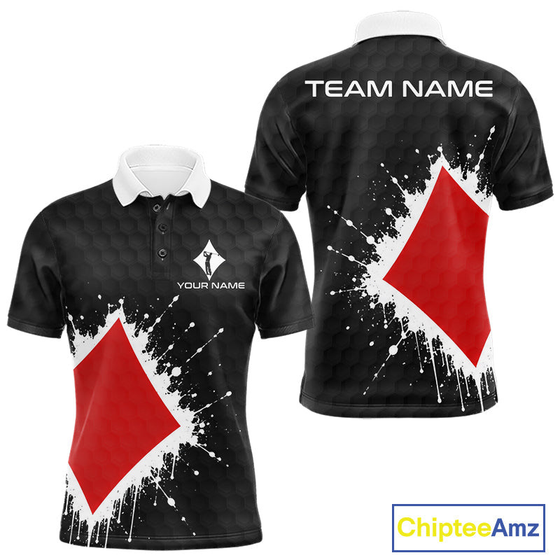 Red Diamonds Poker Golf Polo Shirt Custom Name Splatter Poker Golf Top For Team, Golf Gift