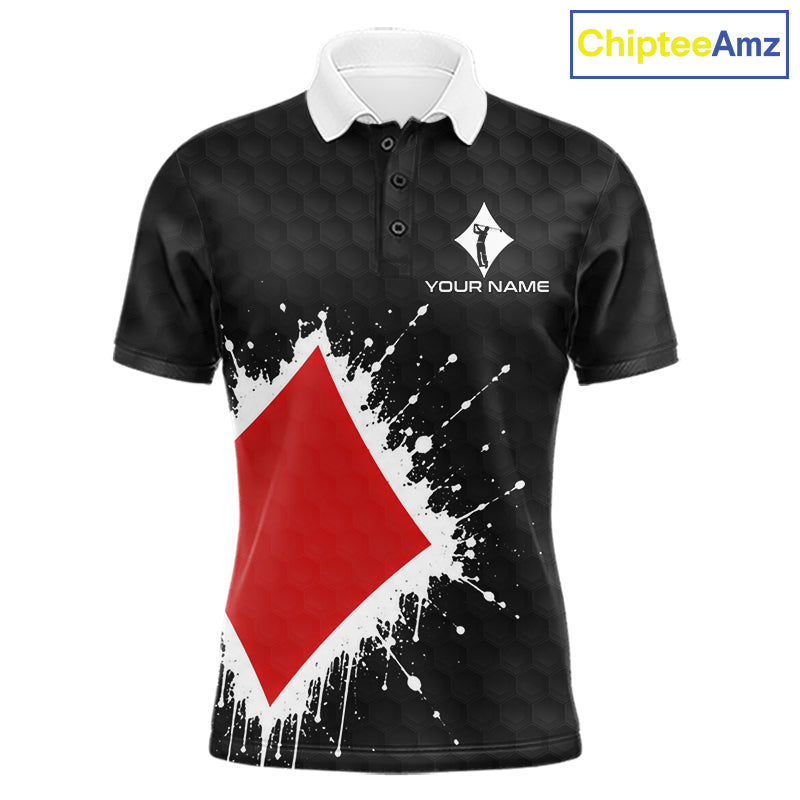 Red Diamonds Poker Golf Polo Shirt Custom Name Splatter Poker Golf Top For Team, Golf Gift