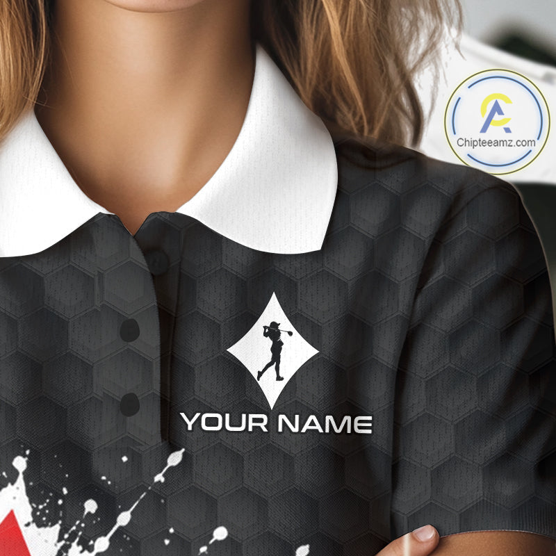 Red Diamonds Poker Golf Polo Shirt Custom Name Splatter Poker Golf Top For Team, Golf Gift
