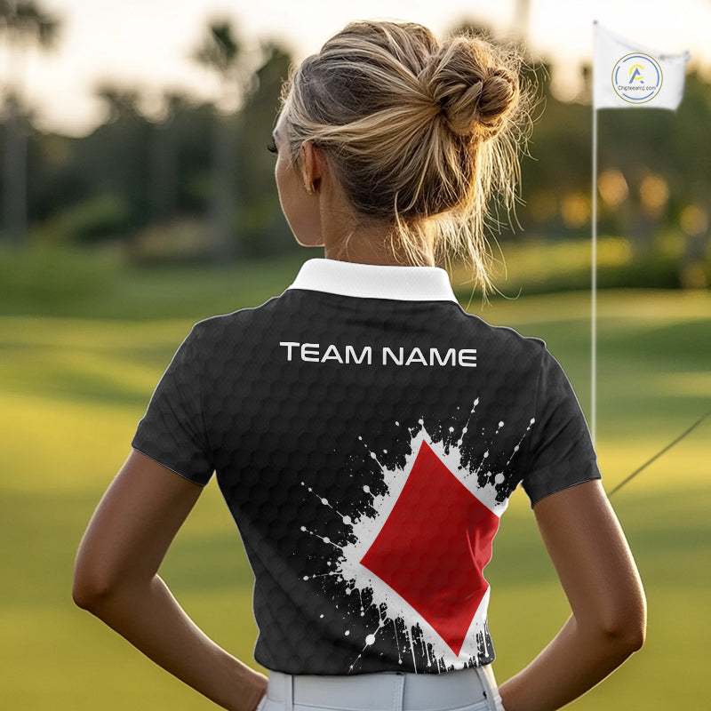 Red Diamonds Poker Golf Polo Shirt Custom Name Splatter Poker Golf Top For Team, Golf Gift
