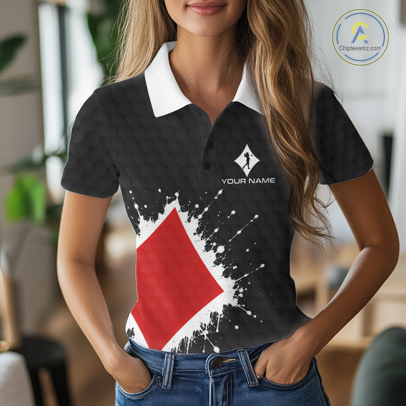 Red Diamonds Poker Golf Polo Shirt Custom Name Splatter Poker Golf Top For Team, Golf Gift
