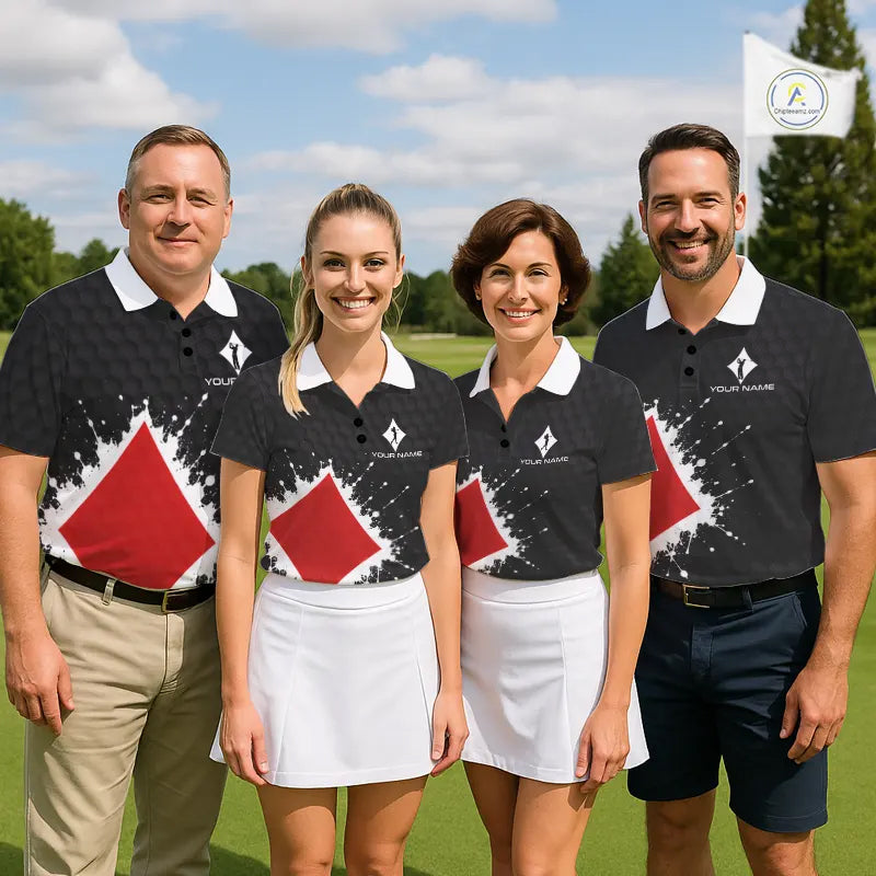 Red Diamonds Poker Golf Polo Shirt Custom Name Splatter Poker Golf Top For Team, Golf Gift