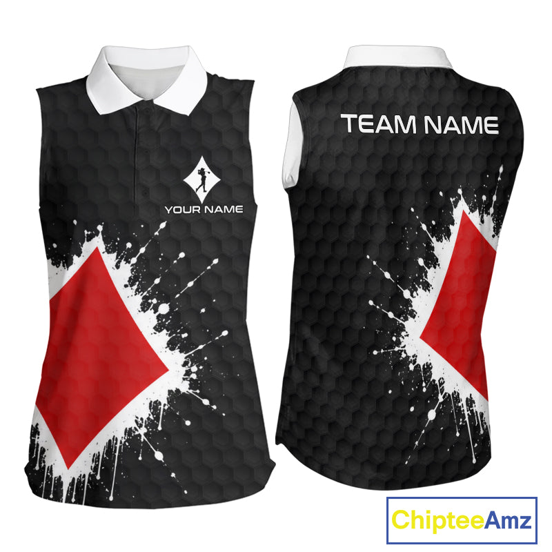 Red Diamonds Poker Golf Sleeveless Polo Shirt Custom Name Splatter Poker Golf Top For Team, Golf Gift