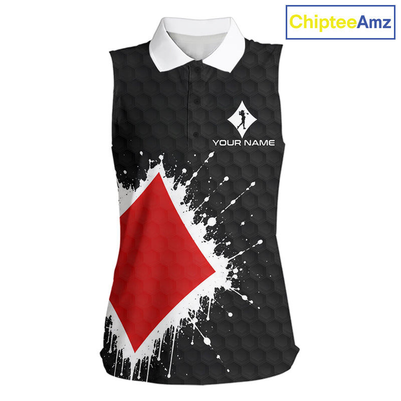 Red Diamonds Poker Golf Sleeveless Polo Shirt Custom Name Splatter Poker Golf Top For Team, Golf Gift
