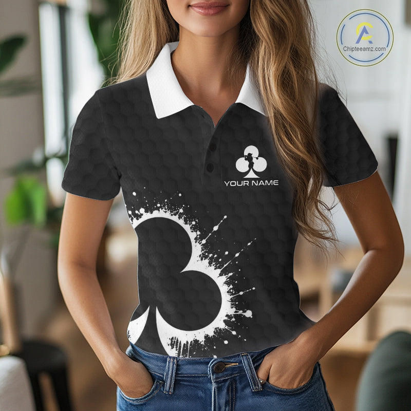 Black Clubs Poker Golf Polo Shirt Custom Name Splatter Poker Golf Top For Team, Golf Gift