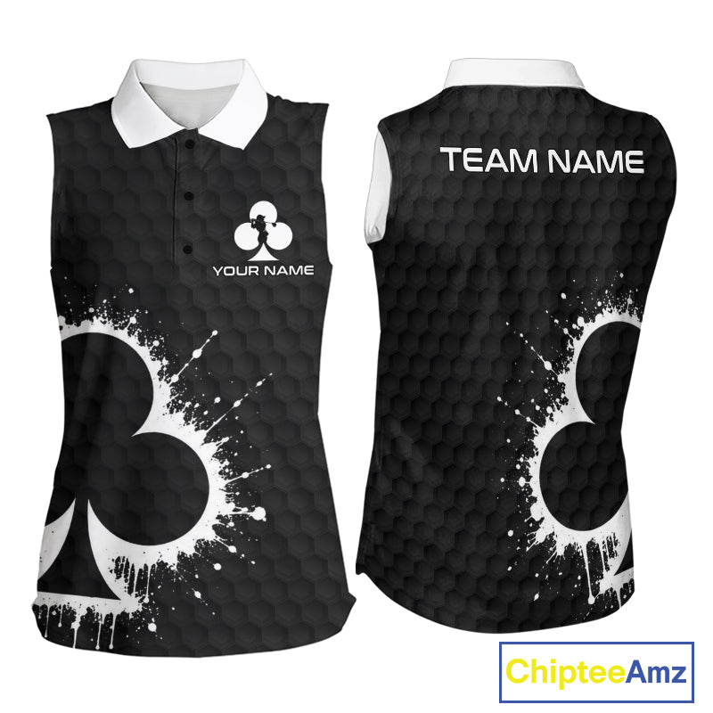 Black Clubs Poker Golf Sleeveless Polo Shirt Custom Name Splatter Poker Golf Top For Team, Golf Gift