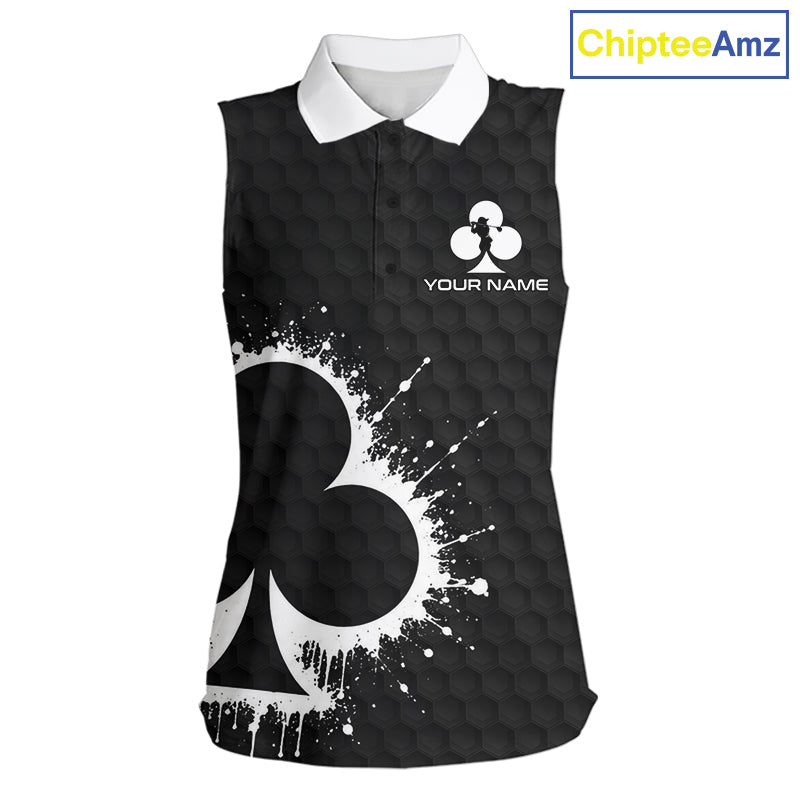 Black Clubs Poker Golf Sleeveless Polo Shirt Custom Name Splatter Poker Golf Top For Team, Golf Gift