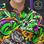 Funny Bowling Polo 1/4-Zip Shirt Custom Angry Bulldog Green Graffiti Bowling Jersey