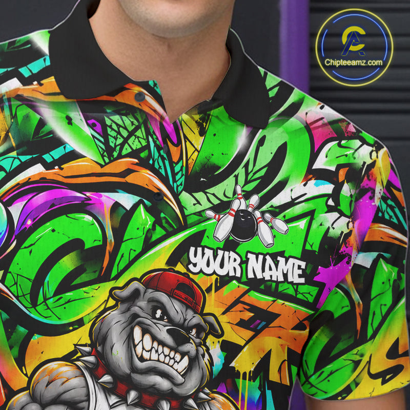 Funny Bowling Polo 1/4-Zip Shirt Custom Angry Bulldog Green Graffiti Bowling Jersey