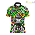 Funny Bowling Polo 1/4-Zip Shirt Custom Angry Bulldog Green Graffiti Bowling Jersey