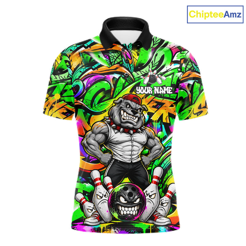 Funny Bowling Polo 1/4-Zip Shirt Custom Angry Bulldog Green Graffiti Bowling Jersey