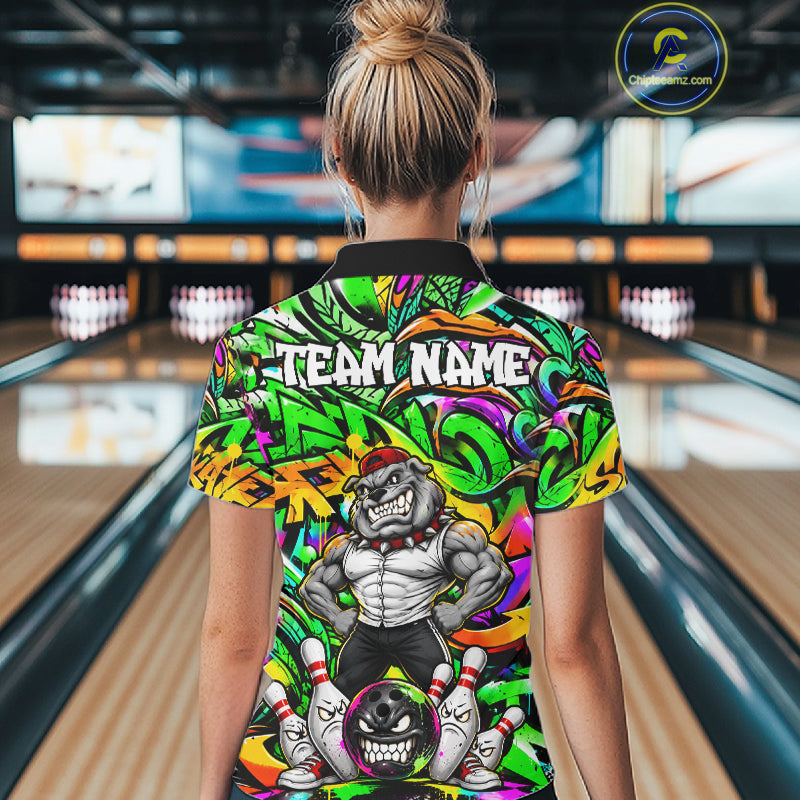 Funny Bowling Polo 1/4-Zip Shirt Custom Angry Bulldog Green Graffiti Bowling Jersey