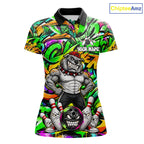 Funny Bowling Polo 1/4-Zip Shirt Custom Angry Bulldog Green Graffiti Bowling Jersey